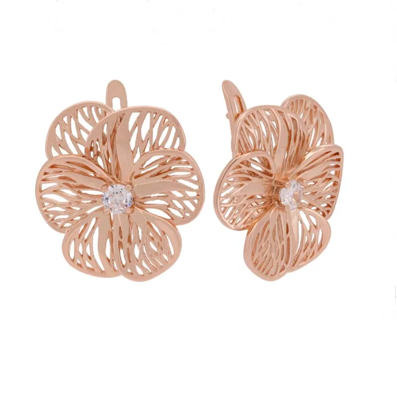 

FJ Womens Big Flowers 585 Rose Gold Color Dangle White Crystal Earrings