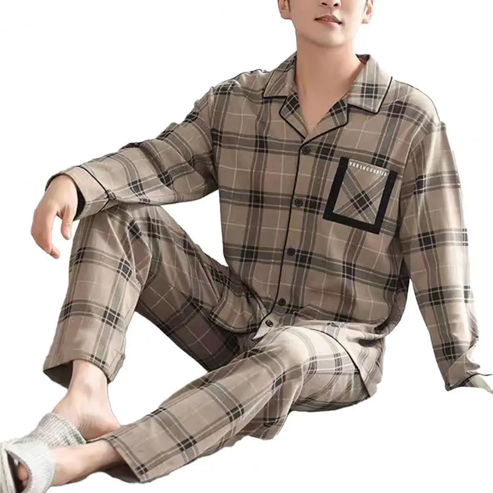 

Men Pajama Set Striped Men's Pajama Set with Turn-down Collar Wide Leg Trousers for Fall Winter Homewear Relaxed Fit Loungewear