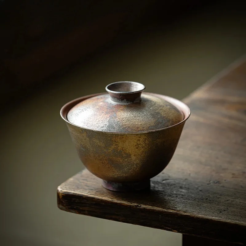 

Гайвань 130 мл из японской грубой керамики с эффектом обжига и позолоченной серебряной фольгой, чайная чаша с крышкой для приготовления чая, посуда для чайной церемонии Кунг-фу, декоративные элементы