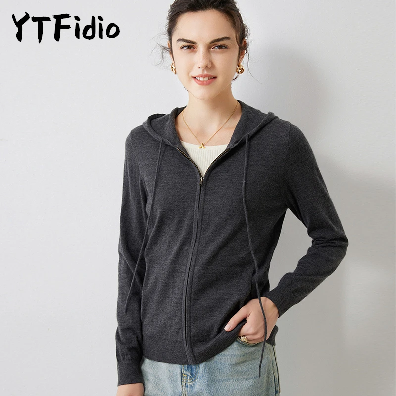 

YTFidio 100% Cashmere Women Hooded Zippered Cardigan with Drawstring and Pockets Girl Solid Knitted Tops Cardigan 49