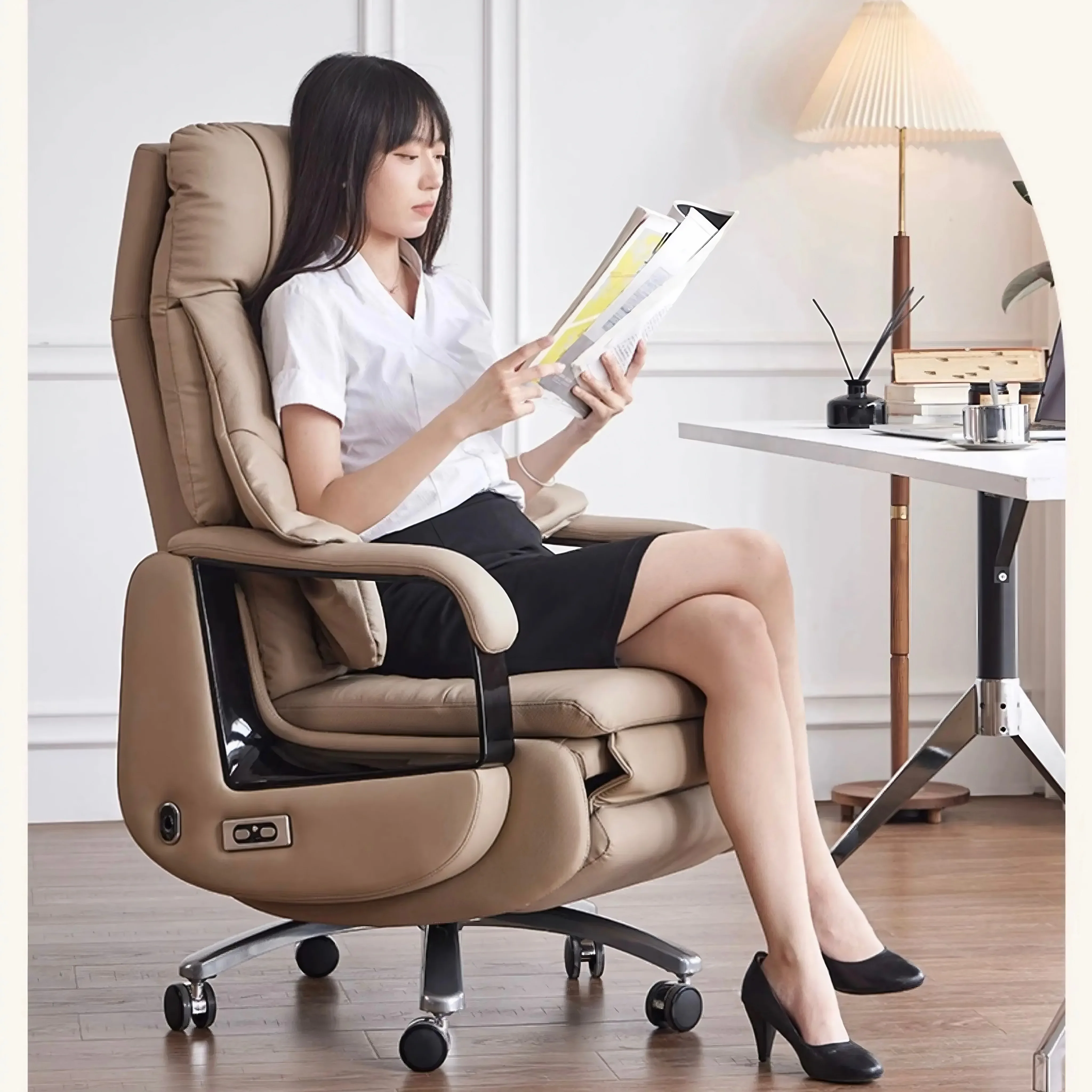 #Modern Light Leather Executive Office Chair Home Computer Chair Adjustable Reclining Ergonomic Design Massage Function Steel