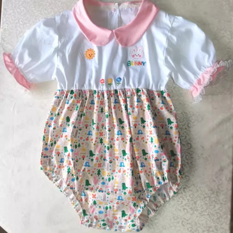 Adult Pure Cotton Doll Collar Jumpsuit Short Sleeve Lace Cute Embroidery ABDL Diaper Bodysuit Soft Skin-friendly COS Playsuits