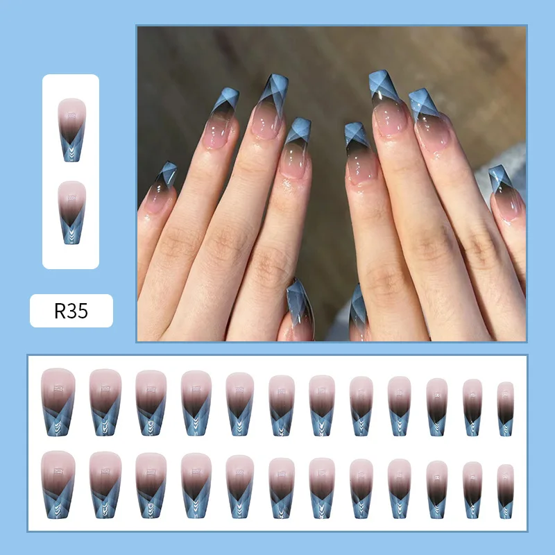 Faux Ongles Autocollants Dégradés Noirs, Sergé, Bleu, à Carreaux, Style Français, Épicés, pour Fille, Doux, Cool, Long Ballet, Boîte de 24 Pièces