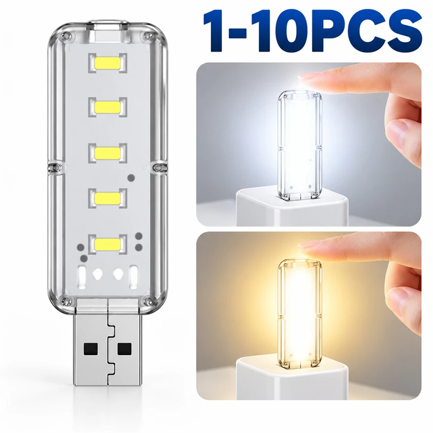 10-1PCS 5V Portable USB Touch Dimming Night Light LED for Bedroom Study PC Laptop Mobile Power Bank Plug in Lighting Decoration