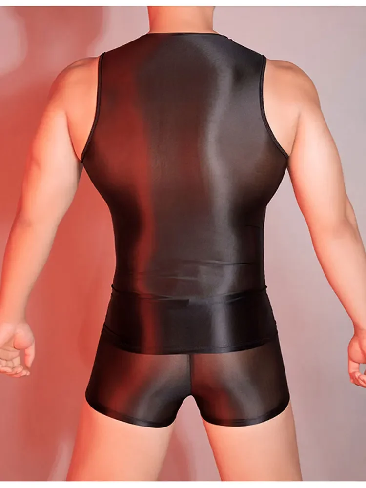 سامسونج أكمام الرجال تانك القمم لامعة السلس مطاطا رجل الملابس شير شفافة القمم تنفس Homewear جوارب مثيرة سترة