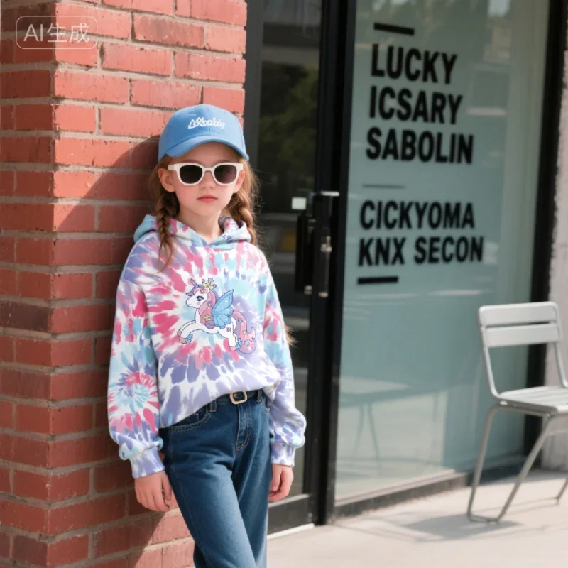 2025 Girls Tie Dye Unicorn Hoodie - Cute Graphic Pullover Sweatshirt for Kids Trendy Casual Outfit