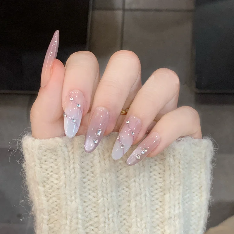 

Purple Wearing Medium and Long French Gradual Change Cat's Eye Broken Diamond High Quality Pure Handmade Manicure