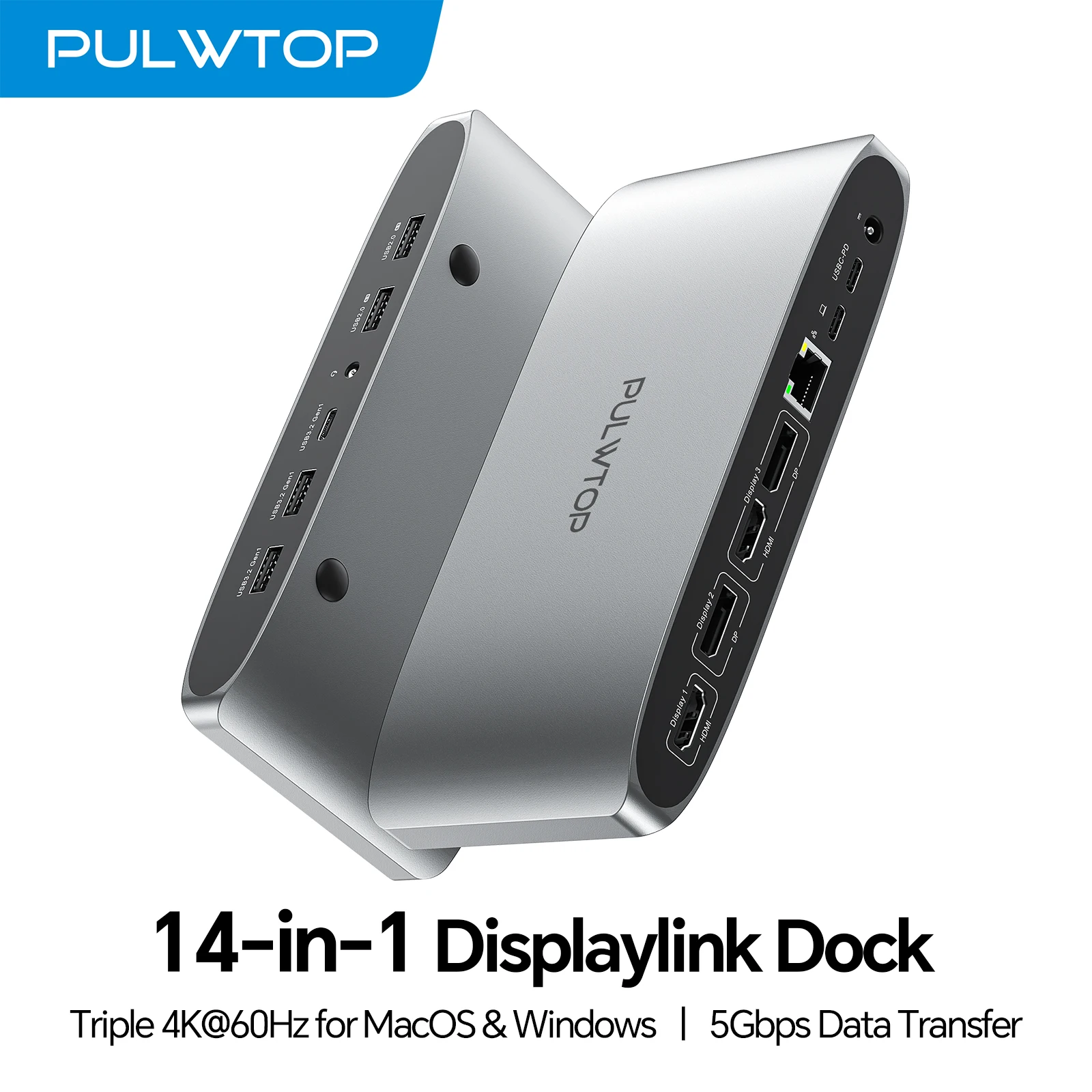 

Док-станция PULWTOP с тройным дисплеем DisplayLink с 2 портами HDMI, 2 портами дисплея, PD, USB A/C, Ethernet, аудио для MacBook/Windows