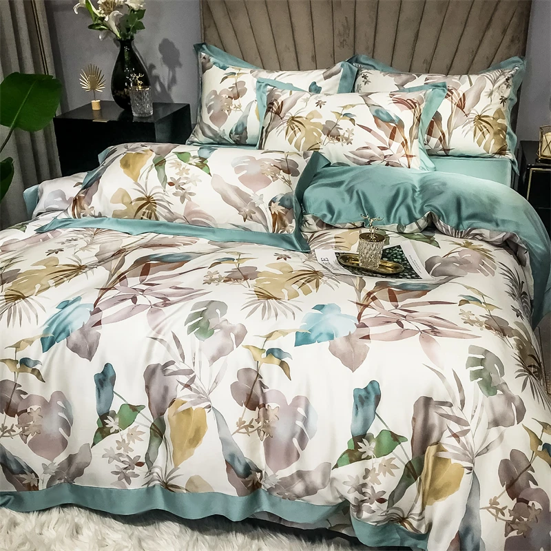 600TC Lyocell Soft Silky Cooling Summer Tropical Plant Print Bedding Set Duvet Cover Set Flat/Fitted Bed Sheet Pillowcase 4Pcs