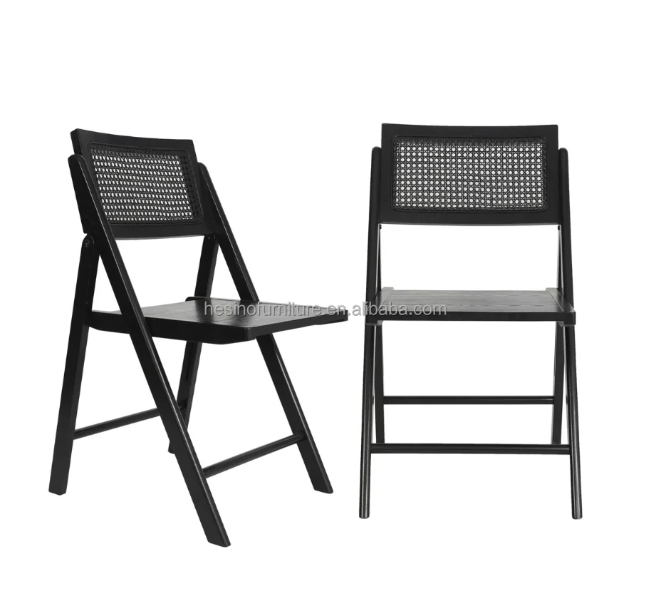 Set Of 2 Solid Wood Frame Cane Rattan Modern Folding Garden Dining Chairs For Park & Courtyard Use