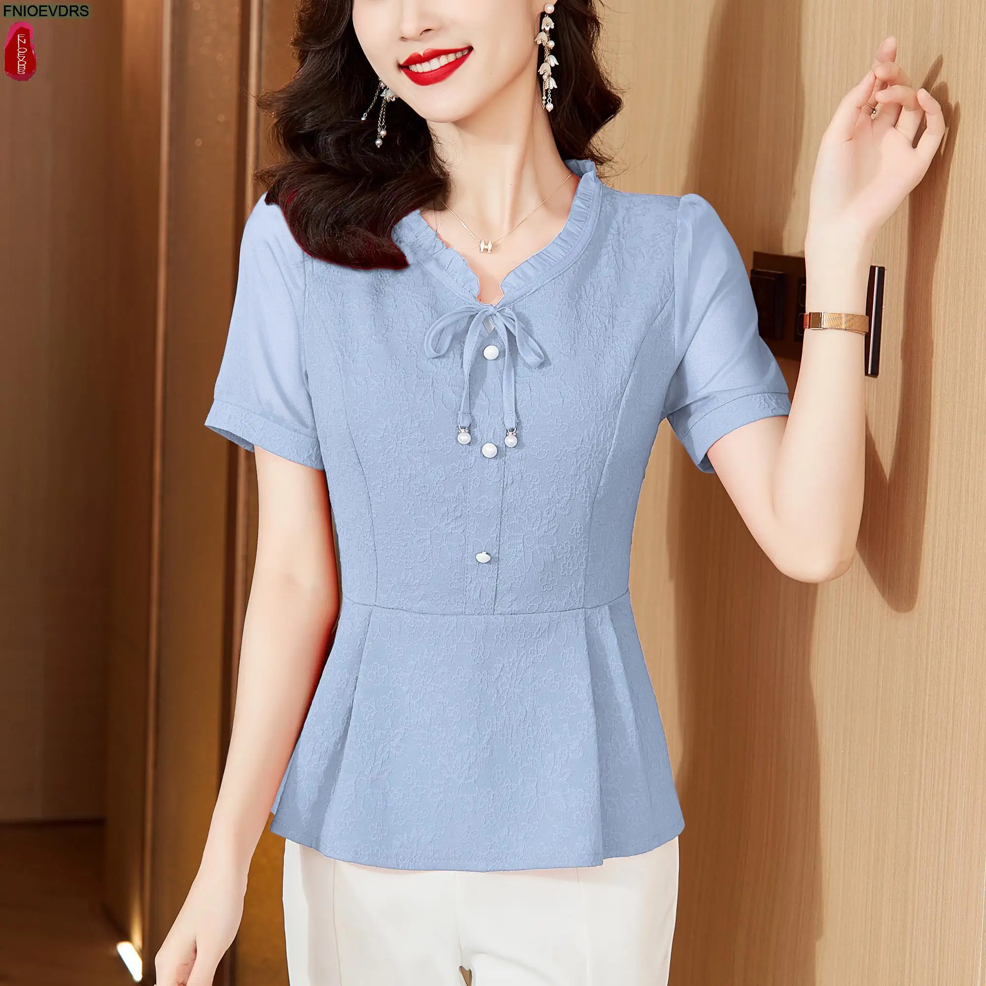 M-5XL Fashion 2024 Women Summer Short Sleeve Elegant Ruffles Shirts Casual Retro Bow Tie Tunic Peplum Tops And Blouses