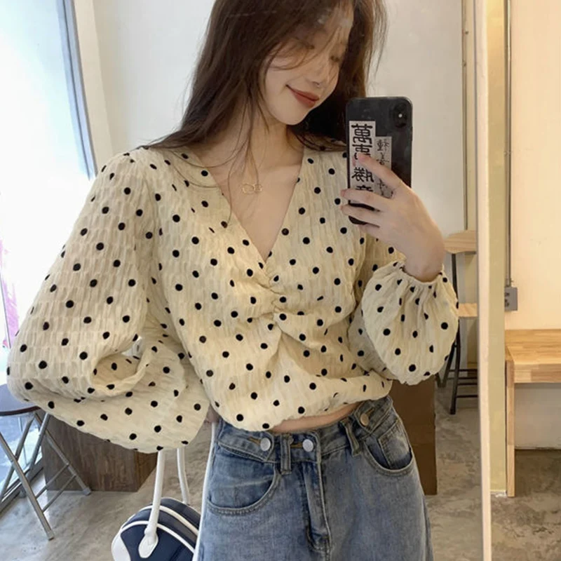 French Style Elegant Fashionable V-neck Popular Bubble Sleeve Shirt Autumn Slim Versatile Casual Sweet Women\'s Long Sleeved Top