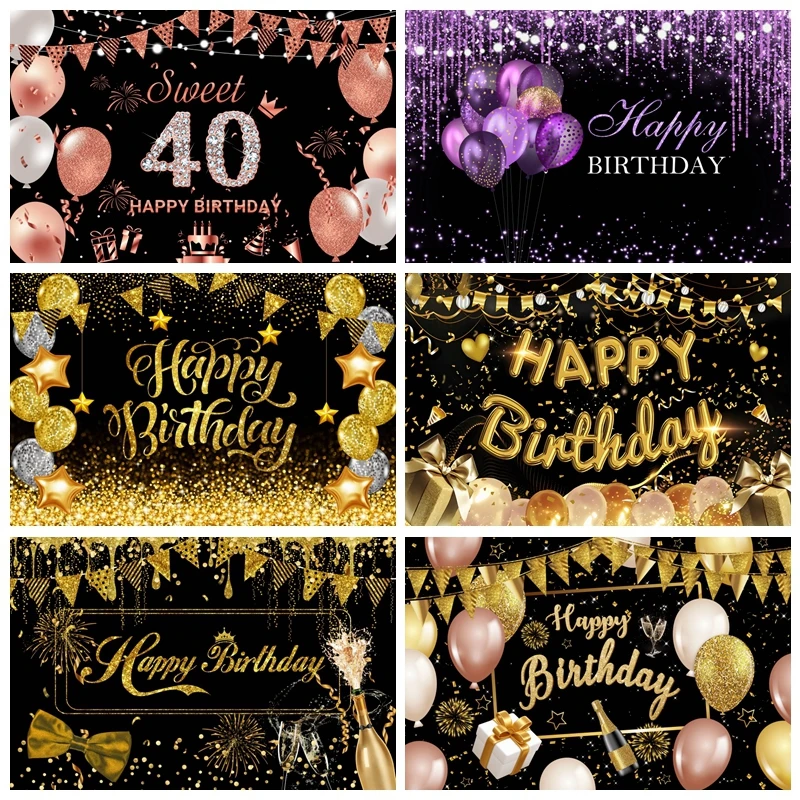 

Happy Birthday Backdrop Customized Black Gold Glitter Balloon Boy Girls Birthday Party Decor Photography Background Photo Studio