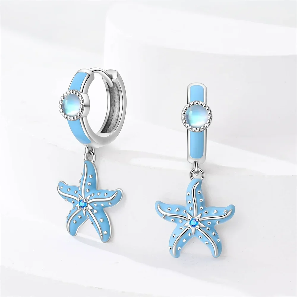 Hoop Earrings 925 Silver Blue Series Ocean Earrings Fishtail Shell Starfish Hoop Earrings for Woman Party Wedding Jewelry Gift