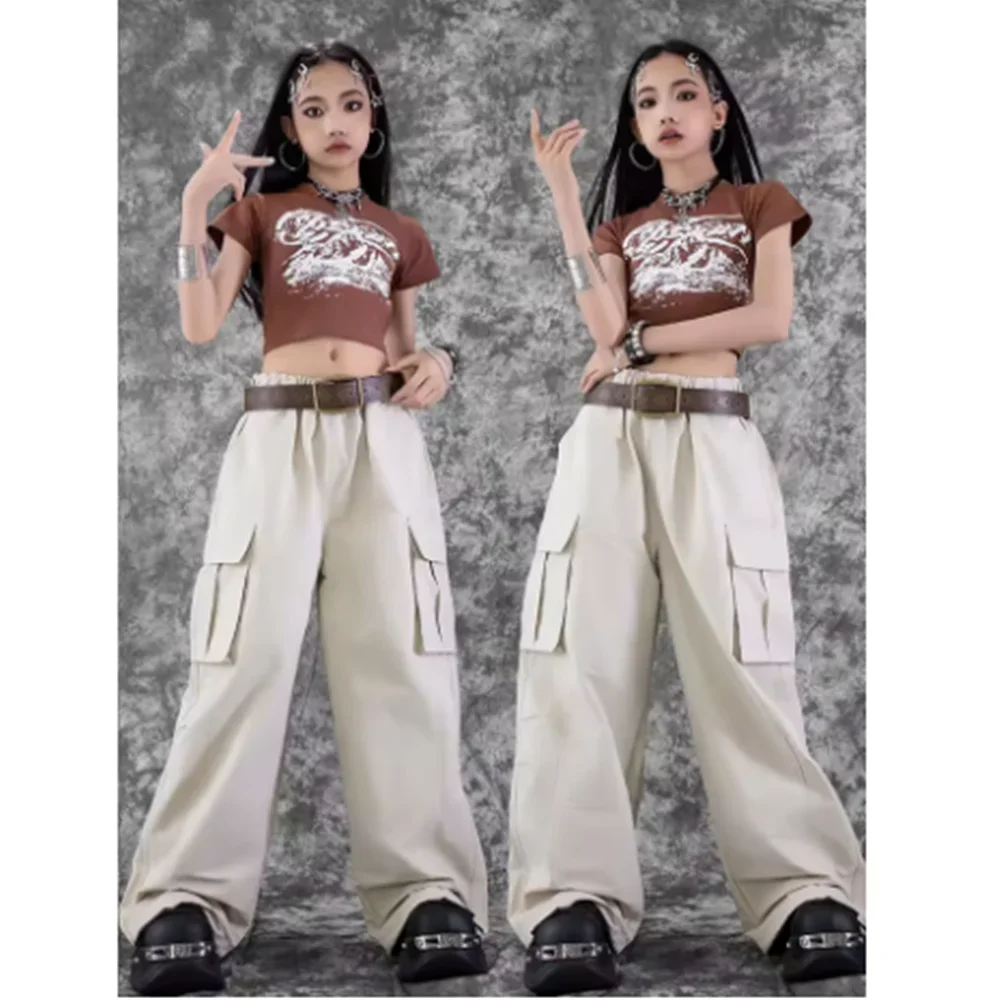 Girls Jazz Dance Costume Fashion Street Dance Show Clothing Brown Crop Top Hip Hop Loose Trousers Children Kpop Outfit  yj127