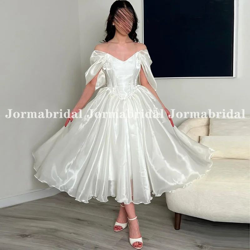 Liquid Organza Short Wedding Dress Off the Shoulder White Ivory Basque Waist Tea Length Bridal Dresses Customized Vestido Noiva