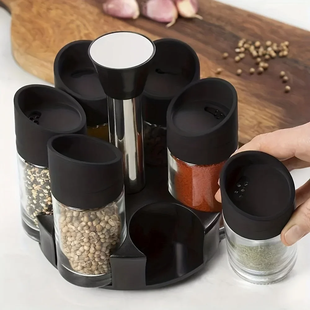 6-Jar Revolving Spice Rack, Spices and Seasonings Sets with Rack, Countertop Seasoning Organizer, Spice Pots, Storage Container