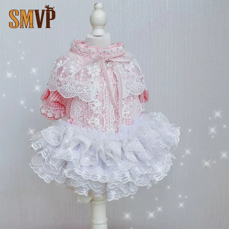 Pet Dog Cat Clothes Pink Plaid Lace Princess Dress Fleece Lined Warm Winter Cute Pet Birthday Party Photo Dress Outfit Costume