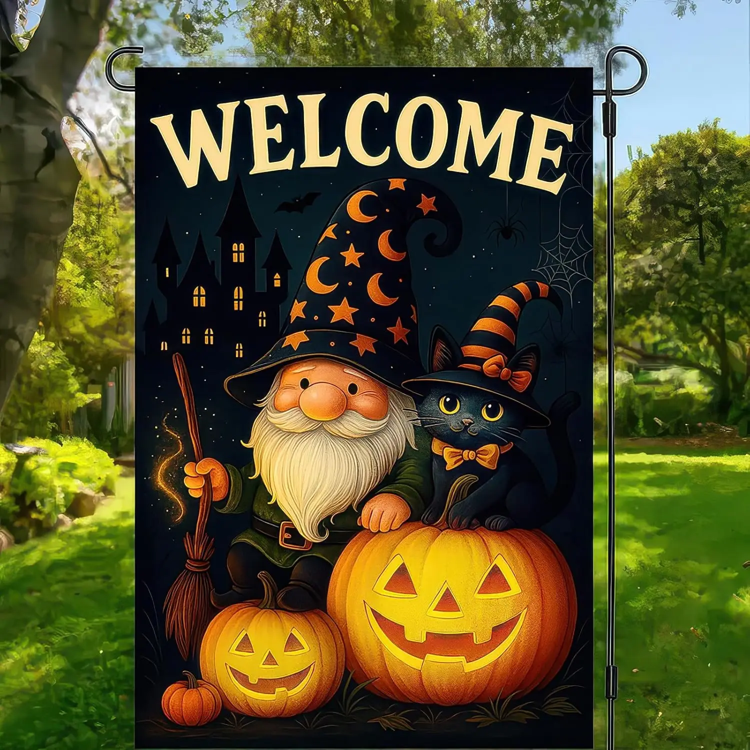 BlissYard Welcome Halloween Garden Flag 12x18 Inch Double Sided Gnome Black Cat Pumpkin Flags Welcome Witch Hat Banner Spide WWP