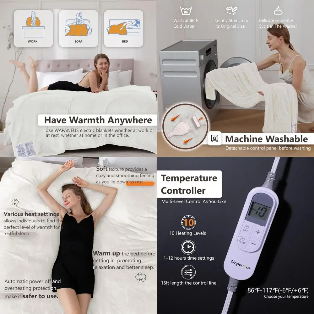 

Электрическое одеяло полноразмерное 72x84 дюйма с 10 режимами нагрева, 12-часовым таймером, автоматическим отключением, машинной стиркой, цвет слоновая кость