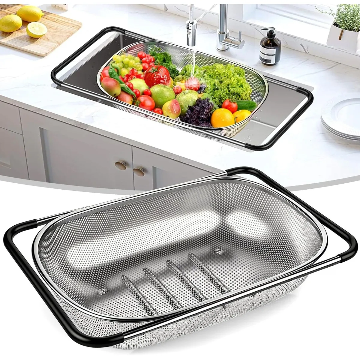 Over The Sink Colander Strainer Basket, Fine Mesh Stainless Steel Colander with Expandable Handles for Drain Pasta, Rinse Fruits