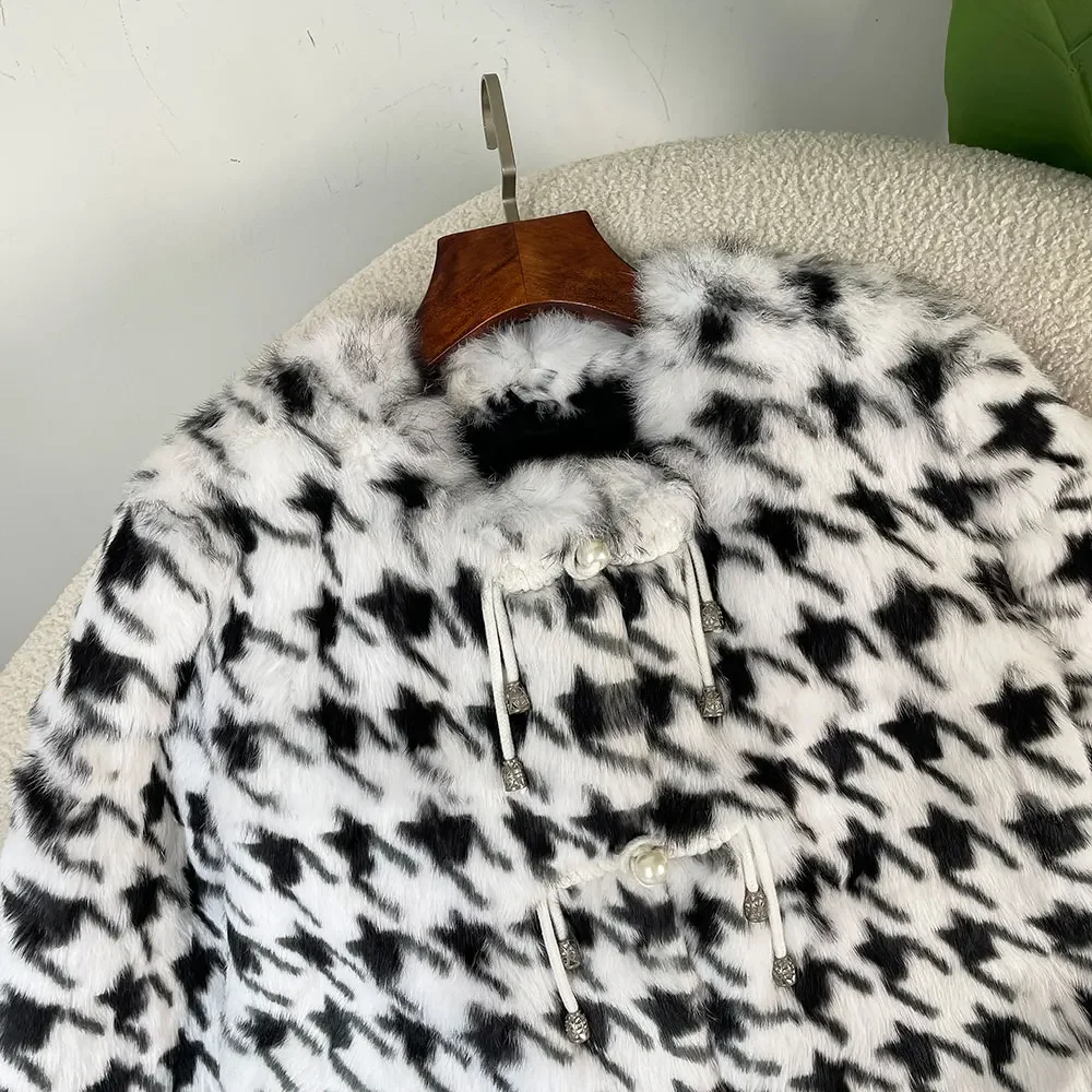 Jaket bulu kelinci alami untuk wanita, mantel luar musim dingin tebal hangat pola Houndstooth 2024, pakaian luar elegan modis