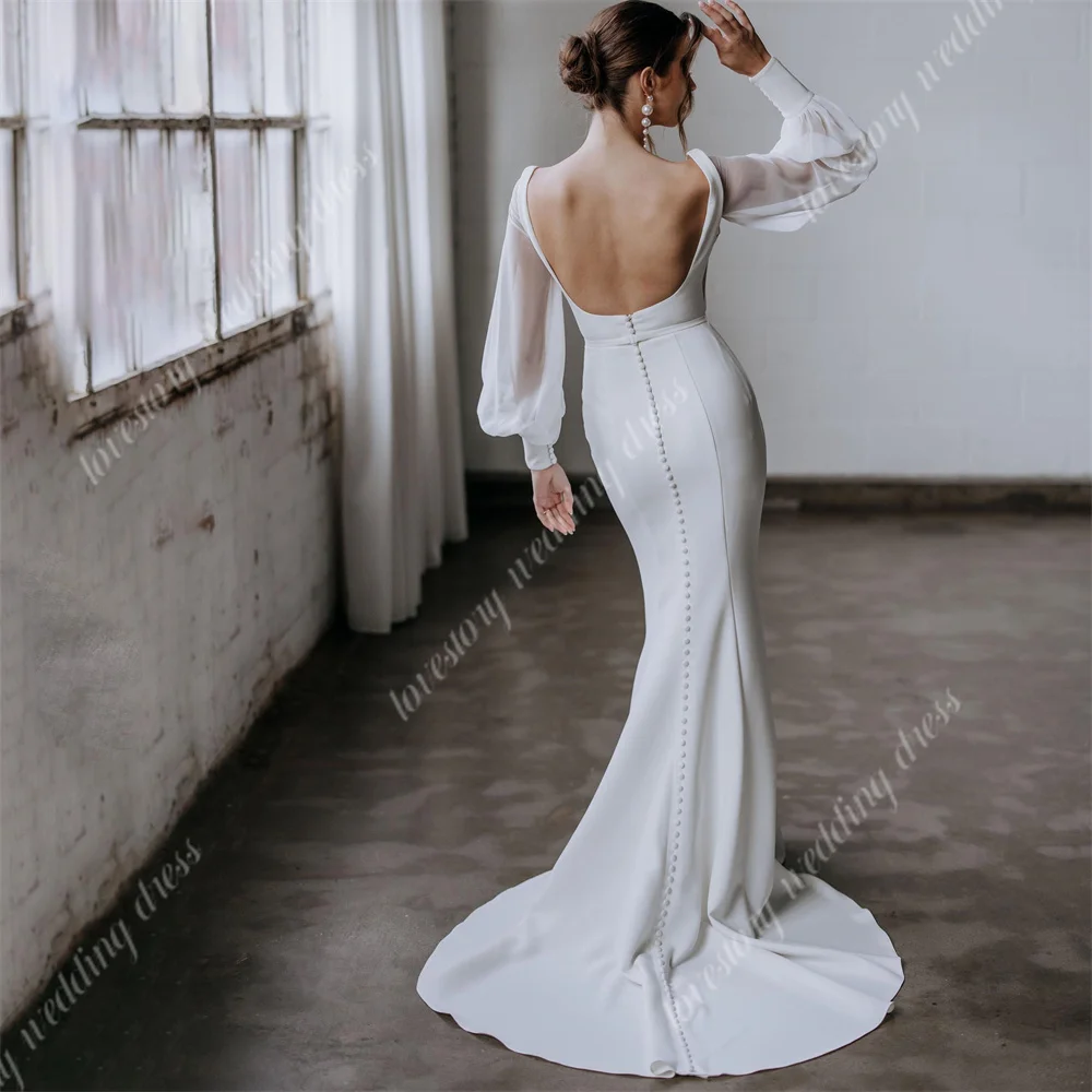 New Simple Pretty Square Neck Wedding Dresses Long Sleeves Mermaid Bride Robes Sexy Backless Bridal Gown Vestidos De Noiva