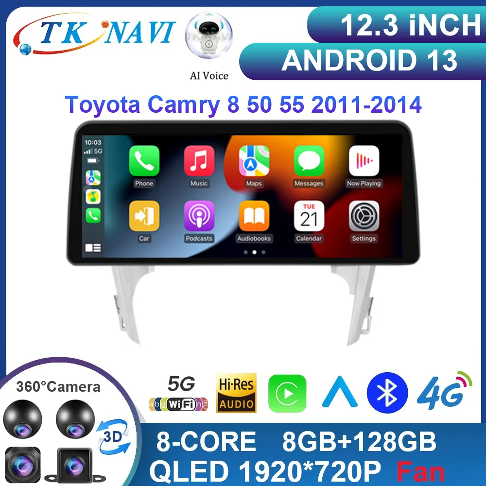 

12.3 Inch Android 13 For Toyota Camry 8 50 55 2011-2014 Car Radio Multimedia Navigation QLED WIFI DVR DSP Bluetooth 4G 8Core 360