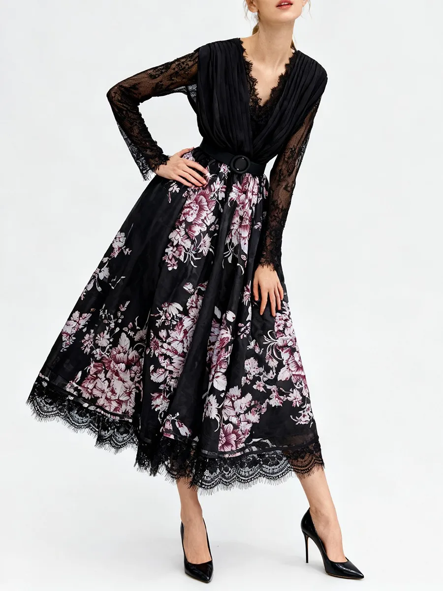 TWOTWINSTYLE 프린팅 시어 스플라이스 레이스 빈티지 드레스 여성용 브이넥 긴팔 하이웨이스트 패치워크 셔링 드레스