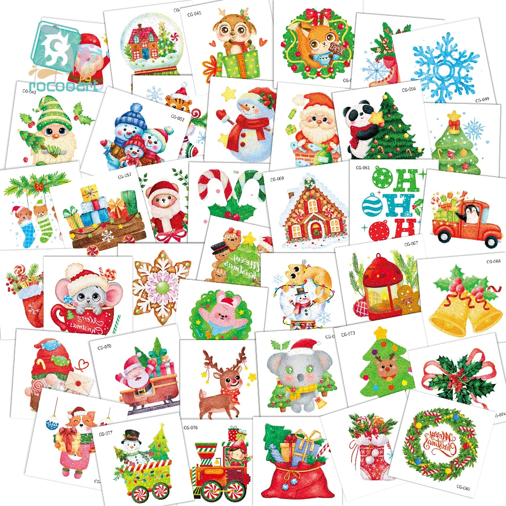 

40 разных временных татуировок с блестками для лица для рождественских украшений, праздничные поддельные татуировки, наклейки для мальчиков и девочек