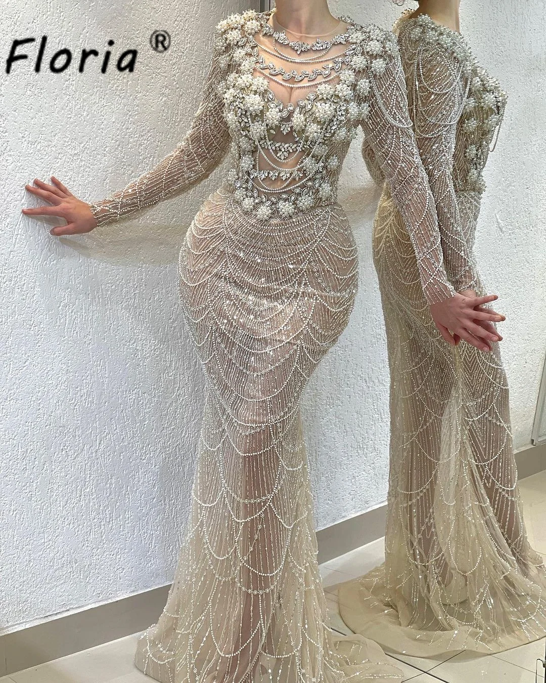 Champagne Pearls Crystal Evening Dress Floral Beads Sequins Formal Party Wedding Dress For Dubai Woman 2024 Vestidos de noiva