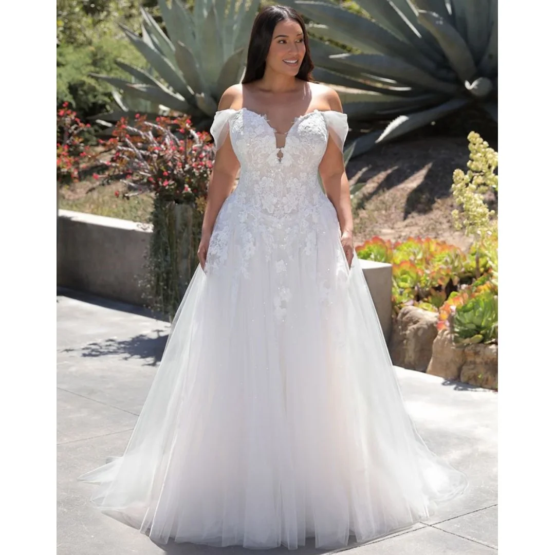 

White Plus Size Wedding Dresses Slim Vestido de Novia Lace Appliques Second Reception Gown Customized Tulle Robe De Soirée