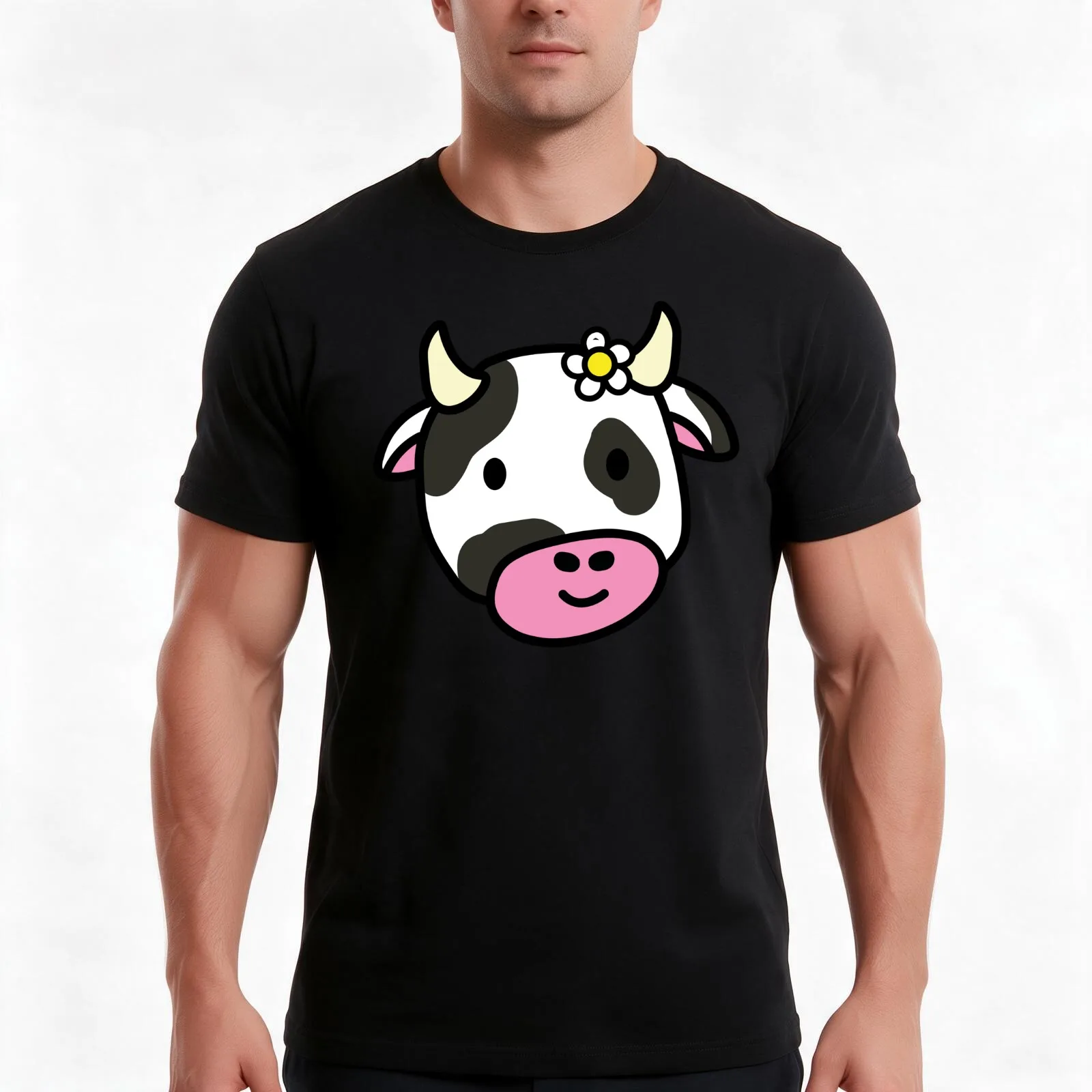 Cute cartoon dairy cow doodle with a daisy flower T-Shirt, Summer Casual Cotton Tee, Oversized Streetwear Tops, Unisex Men Women