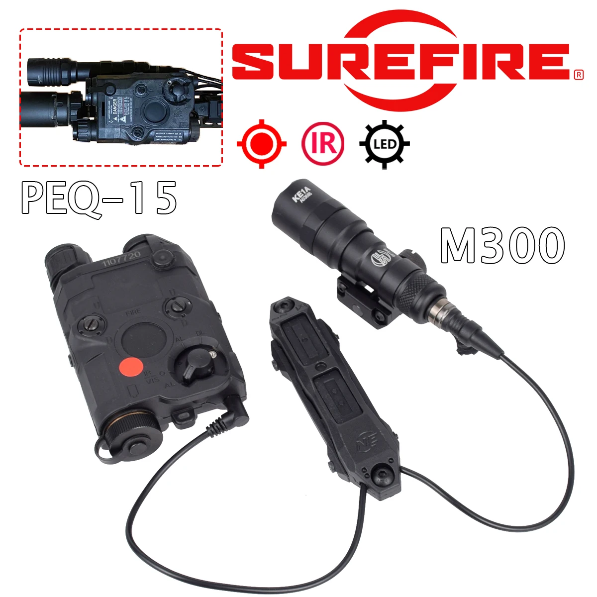 

Тактический Surefire M300 AN-PEQ-15 Красный лазерный прицел индикатор фонарик с ИК-объективом для страйкбольной винтовки AR15 M300B PEQ15