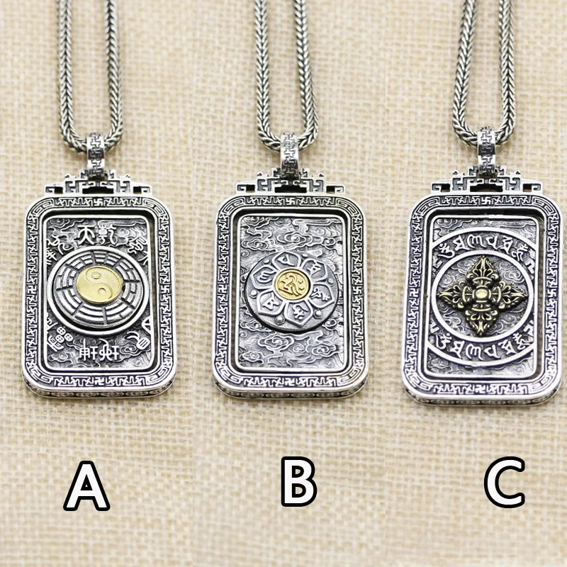 

Sterling silver 925 Om mani padme hum pendant Thai silver retro rotatable Buddha cross Vajra pestle Bagua personality necklace