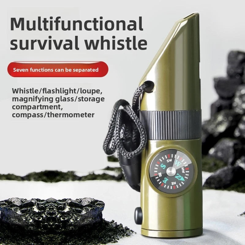 Outdoor Survival Gear 7-in-1 Whistle Multifunctional Portable Emergency Compass Magnifying Glass Flashlight Thermometer