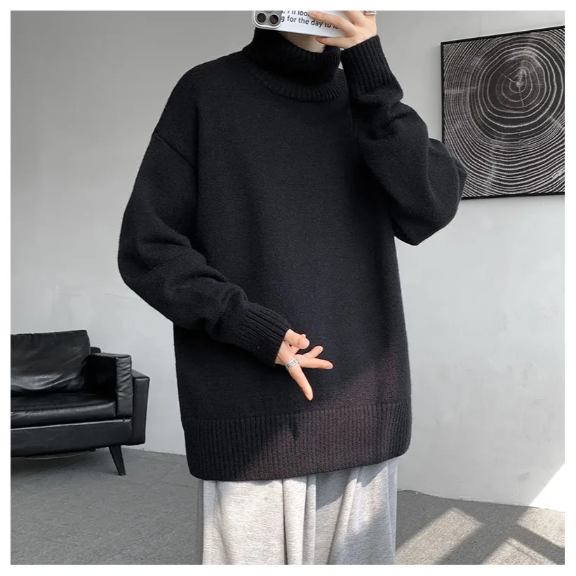 سترة رجالية للخريف والشتاء برقبة عالية - مريحة وفضفاضة، سترة أنيقة بطبقة أساسية للشباب، بلوزة من الصوف القديم