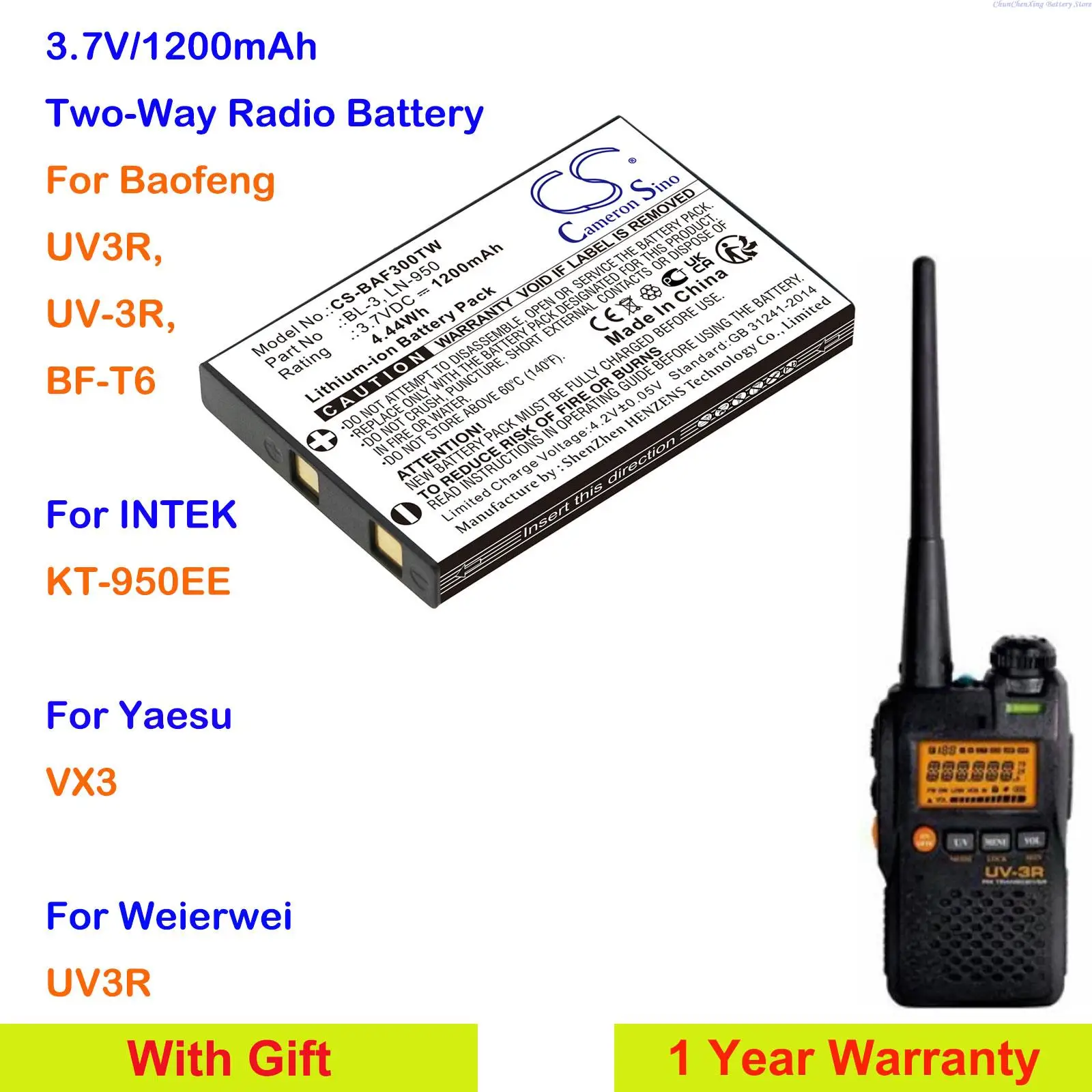 Cameron Sino 1200mAh Two-Way Radio Battery for Baofeng UV3R,UV-3R,BF-T6, For INTEK KT-950EE, For Yaesu VX3, For Weierwei UV3R