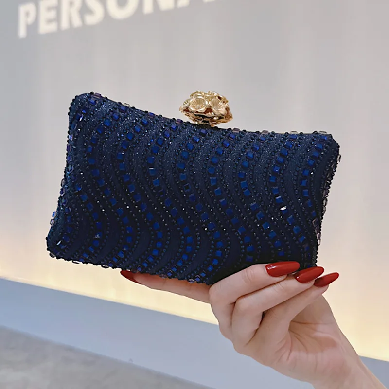 

Elegant Navy Blue Diamond Evening Bags Women's Luxury Wave Pattern Handbag Antique Hot Stamping Wedding Party Clutch Purse