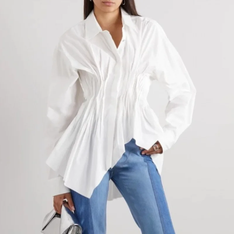 

Hem Women White Irregular Pleated Elegant Blouse New Lapel Long Sleeve Shirt Fashion Spring Autumn 2026 7AB98
