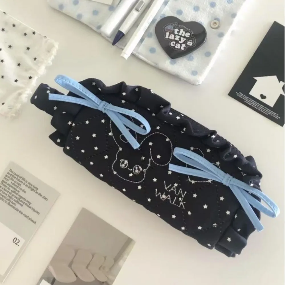 Kawaii Sweet Bow Pen Bag Dog Rabbit Large Capacity Makeup Storage Bag Ruffle Organize Pencil Pouch Case Office Supplies