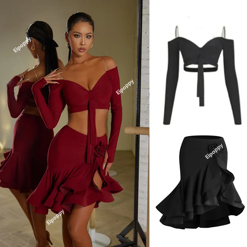 

Sexy Off Shoulder Latin Top Ruffled Skirts Women Latin Dance Costume Stage Performance Clothes Adults Samba Dancewear