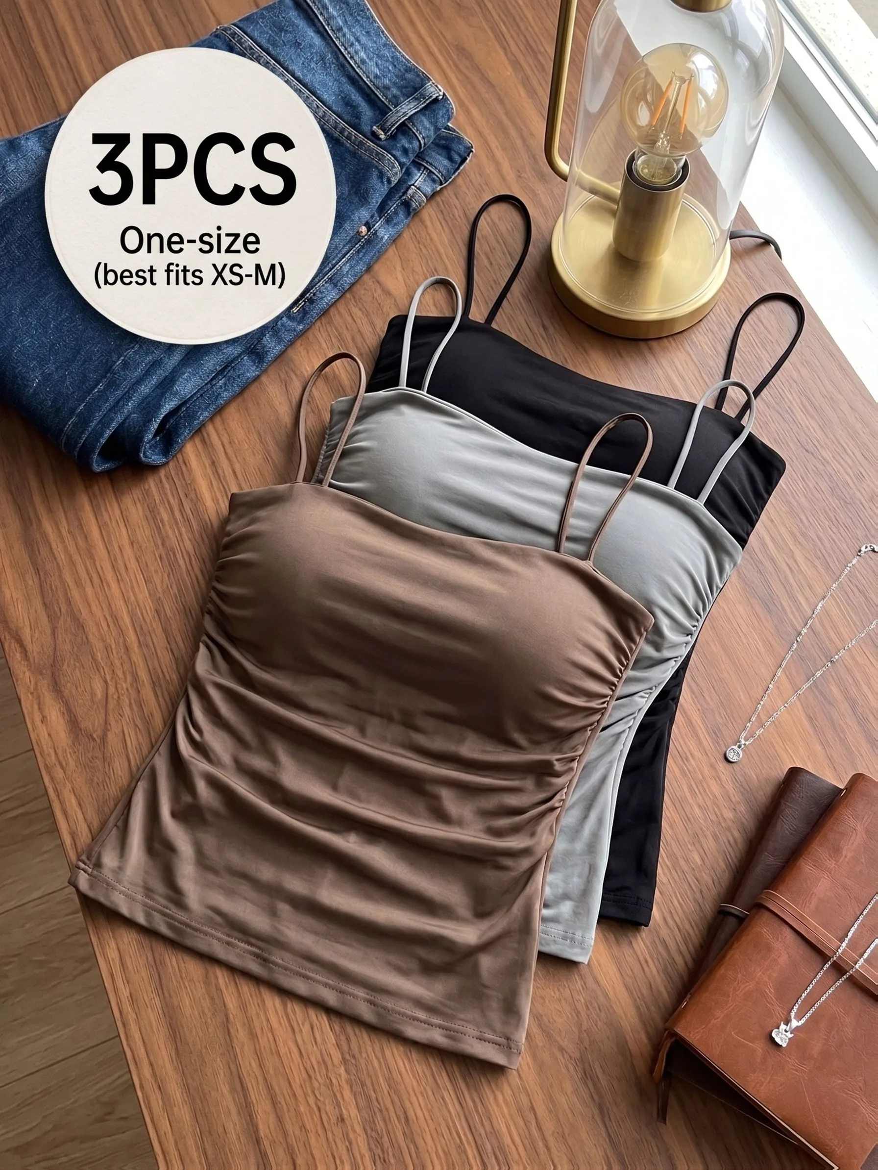 3 Pack Women's Beautiful Back Camisole Fixed Padded Cups Ruched Waist Breathable Tank Top