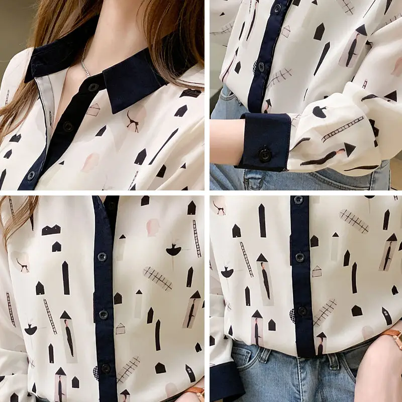 Otoño nuevo temperamento versátil suelto bloque de Color impreso de manga larga camisa personalizada de fondo camisa de mujer Top elegante