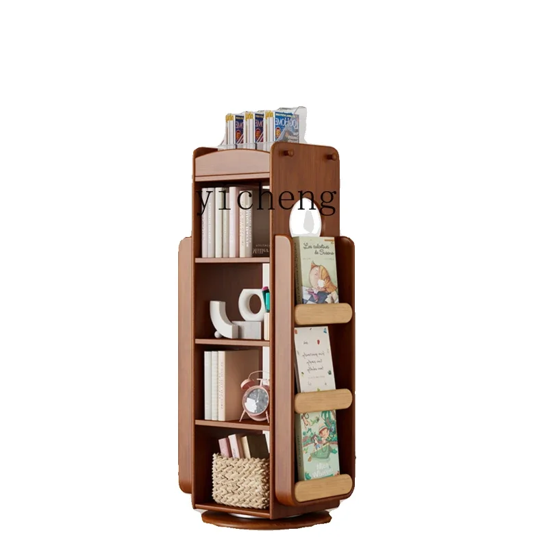 ZC all-solid wood rotating bookshelf floor-to-ceiling 360-degree multi-layer picture book rack living room storage rack