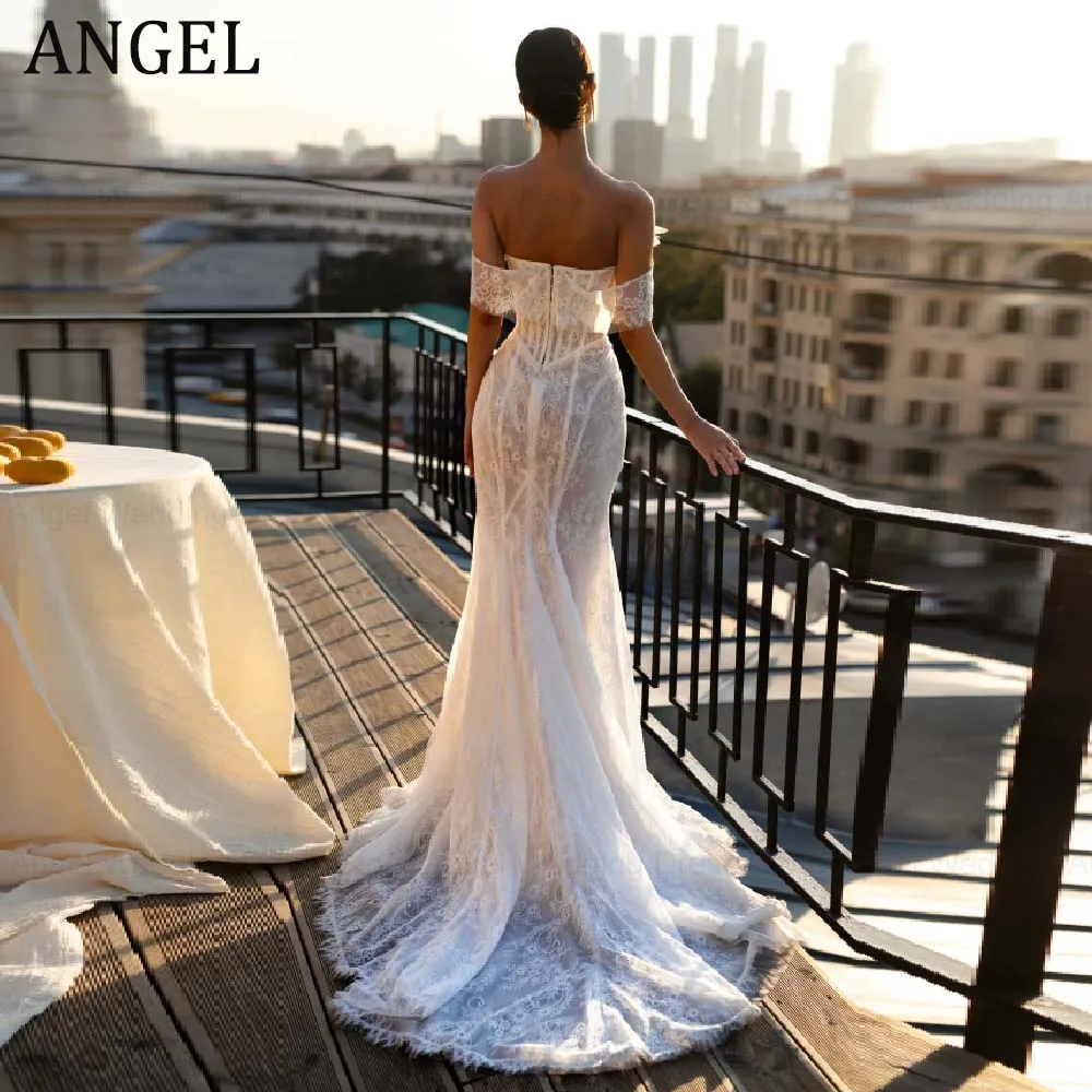 Anjo personalizado luxuoso pérola renda vestido de casamento fora do ombro sereia sexy vestidos de noiva novia festa vestidos de noite