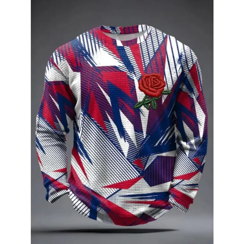 2026 3Dsprin Long Sleeve Crew Neck Shirt  Embroidered Red Rose Chest Decor Waffle Breathable Fabric Casual Streetwear Top