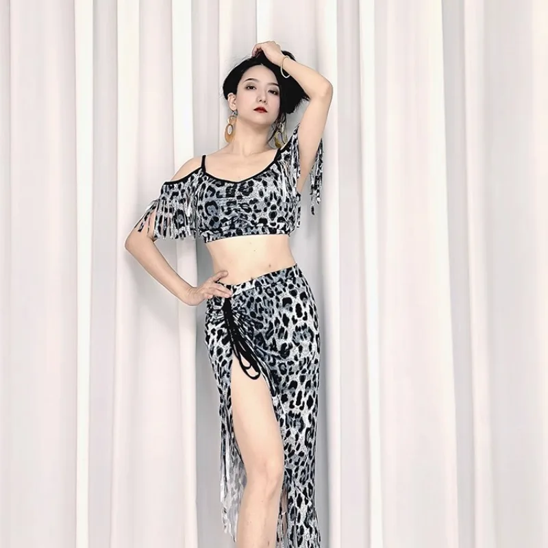 customized belly dance practice outfit handmade shredded tassel split set inspired fusion wind gray leopard print diagonal skirt