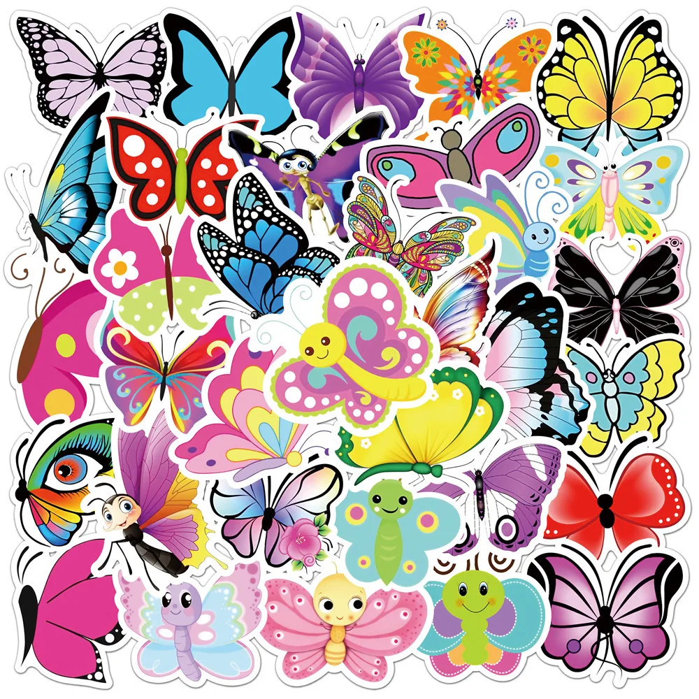 50Pcs New Creative Butterfly Doodle Stickers Waterproof PVC Decals for Luggage Laptop Notebook Car Skateboard Guitar Water Bottl