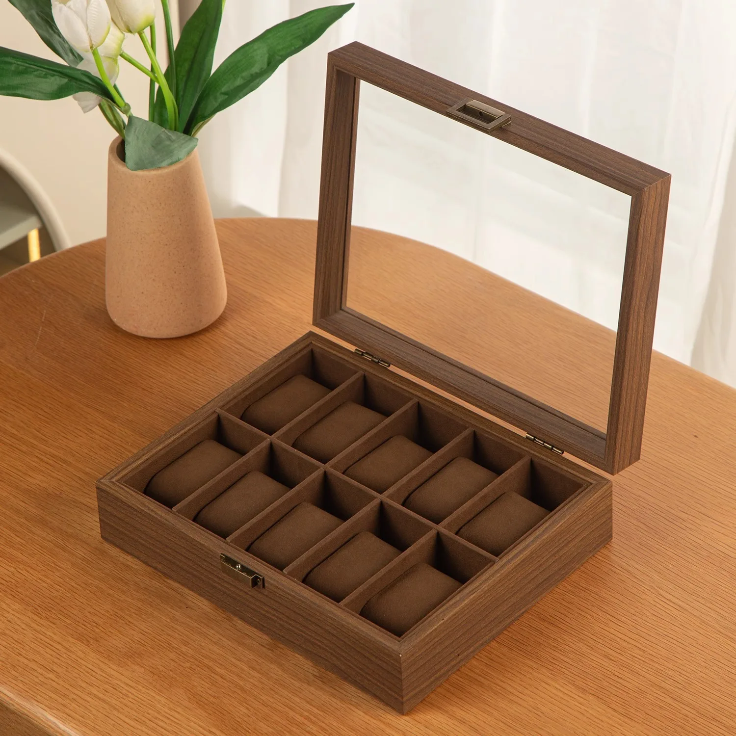 クルミ材の時計ディスプレイケース、カバー付き、防塵、酸化防止、時計収納ボックス、大型、マルチグリッド、寝室テーブル